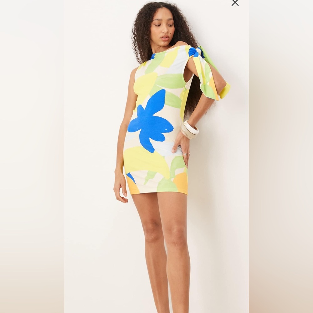 ASOS Bold Floral Tie-Shoulder Mini Dress in Blue, Yellow & White